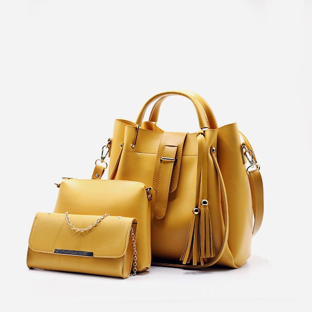 Women's PU Leather Plain Hand Bag Set